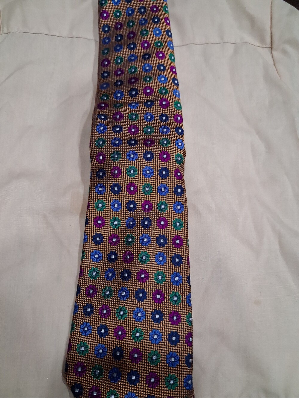 Golden Floral Silk Tie with Blue, Green & Purple Flowers Made In Italy